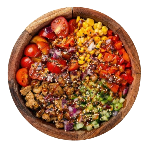 Poké bowl Beef Supreme met rundvlees, mais, paprika, tomaat en komkommer