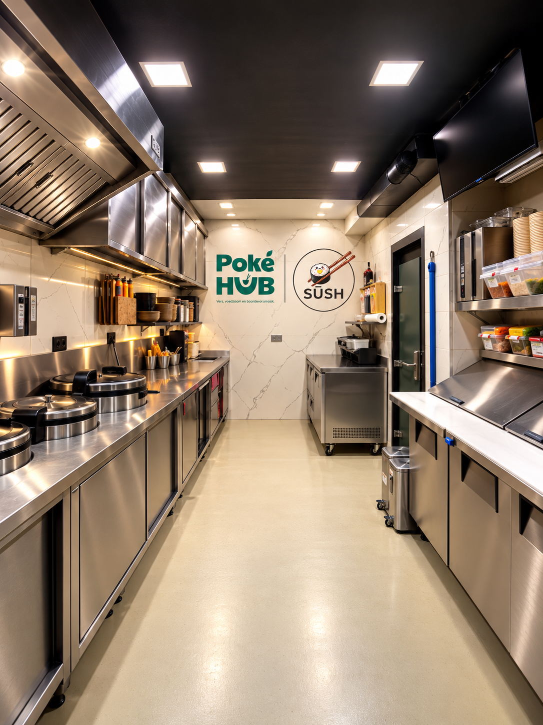De professionele keuken van Poké Hub met marmeren wand en Poké Hub-logo