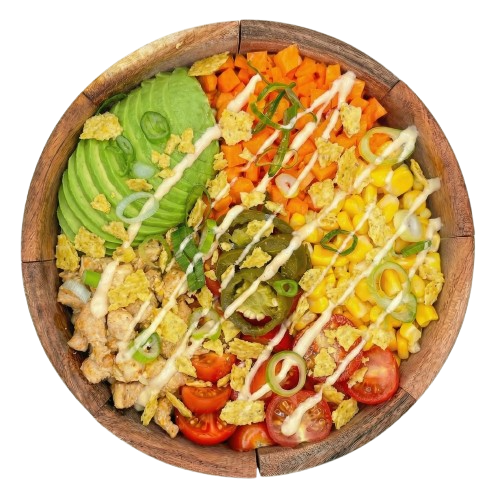 Poké bowl Spicy Tok Tok met kip, avocado, jalapeño, wortel en mais